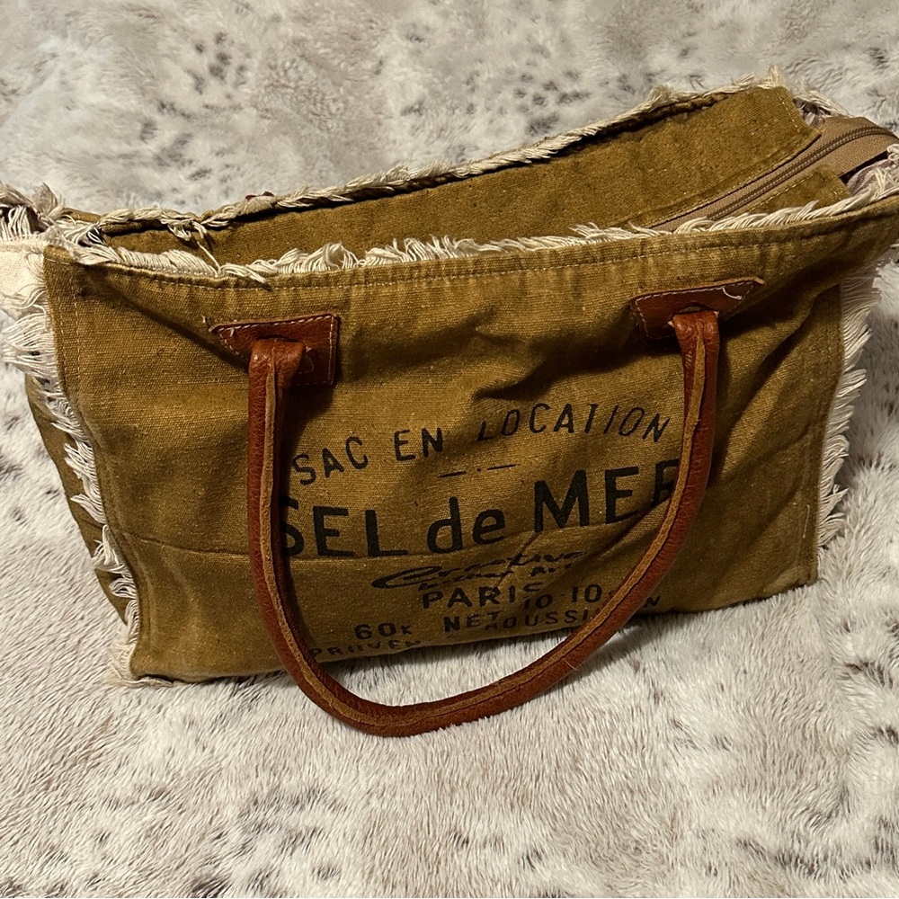 Brown Canvas Tote Bag with Leather Handles